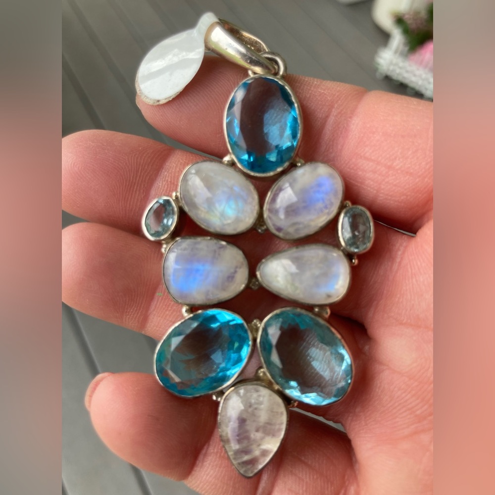 NWT HUGE Gemstone Pendant Rainbow Moonstone Blue Quartz Blue Topaz STERLING